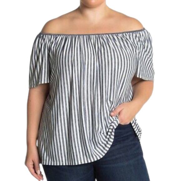 MAX STUDIO Shirred Flowy Blouse Pinstriped Off Shoulder Chic Top Soft Gray 2X - Picture 1 of 9